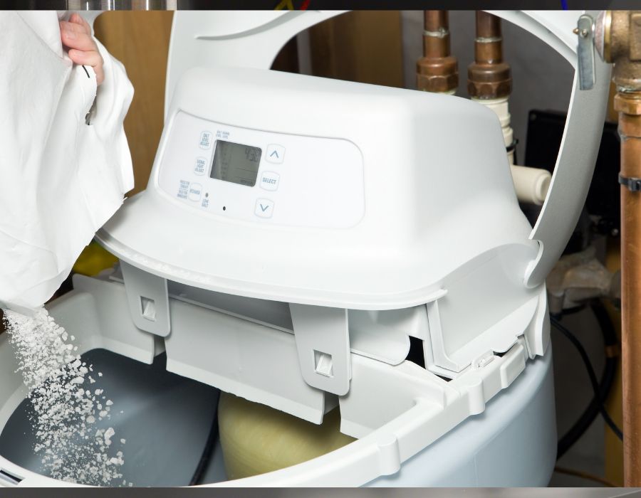 Plumber performing water softener maintenance